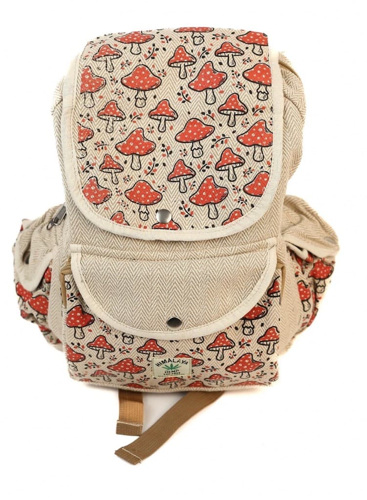 Natural hemp backpack with red mushroom print