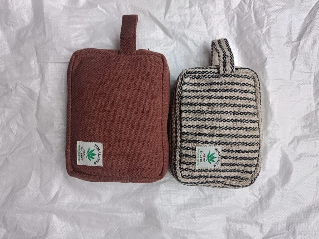 Terracotta and striped hemp carry pouches